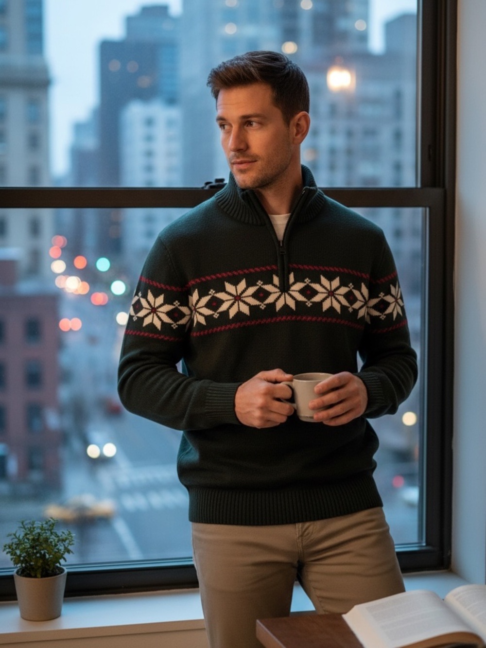 Weatherproof Black Half-Zip Holliday Sweater with White Snowflake and Red Accent
